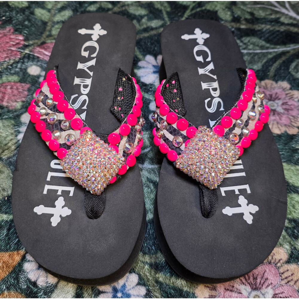 Gypsy Soule Womens 9 Swarovski Crystal Western Platform Wedge Flip Flop Sandals